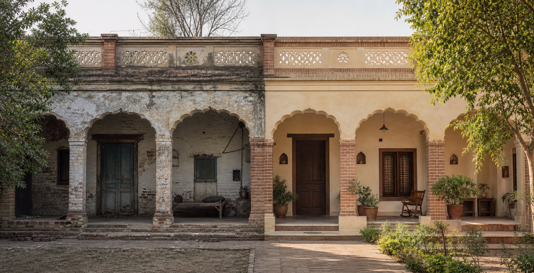 An ancestral Punjabi courtyard before and after restoration